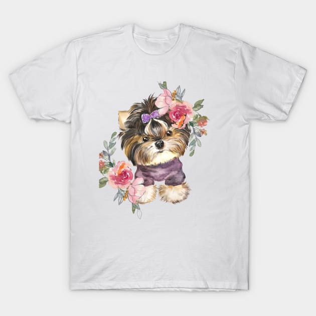 Cute Yorkshire Terrier Yorkie Puppy and Flowers Watercolor Art T-Shirt by AdrianaHolmesArt